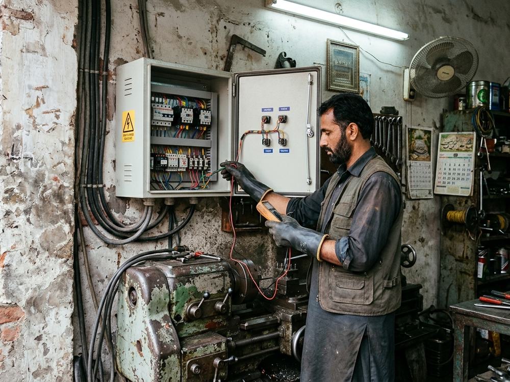 Electrician testing a control panel in a small workshop